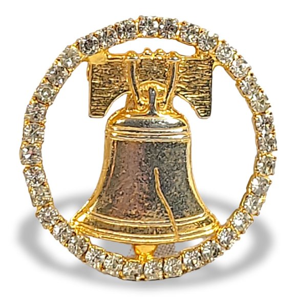 COPY - Brooch Vintage Gold Tone Liberty Bell with Faux Diamonds - Picture 3 of 6